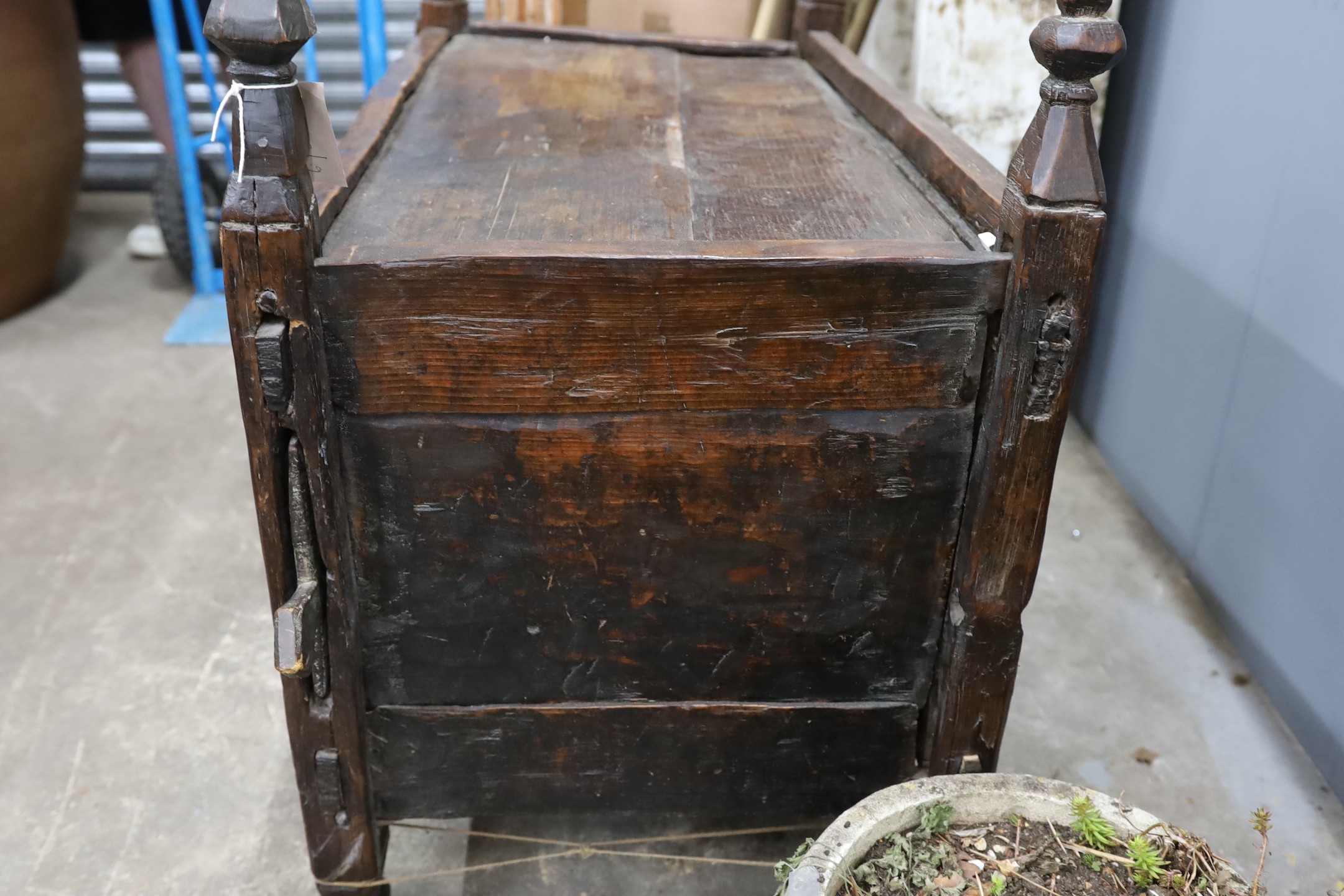 A 19th century chip carved grain chest/coffer, width 94cm, depth 52m, height 80cm (a.f.)